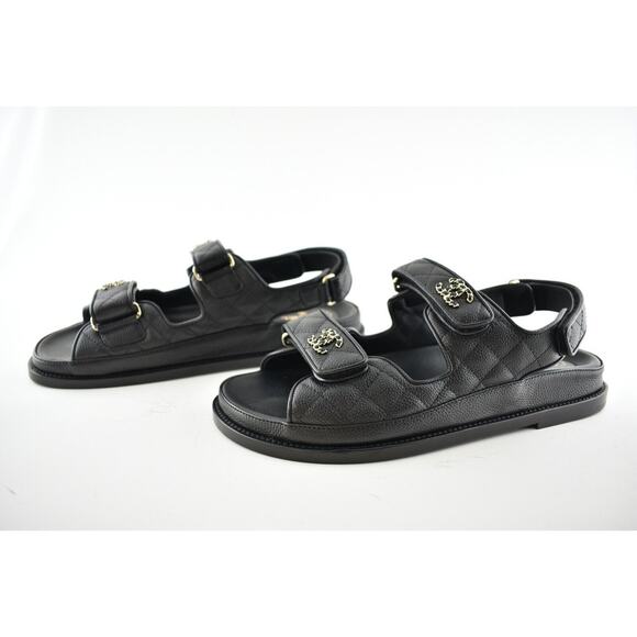 Chanel 21C Black Caviar Gold CC Logo Mule Slide Strap Flat Teva Dad Sandal 39 - Picture 10 of 12